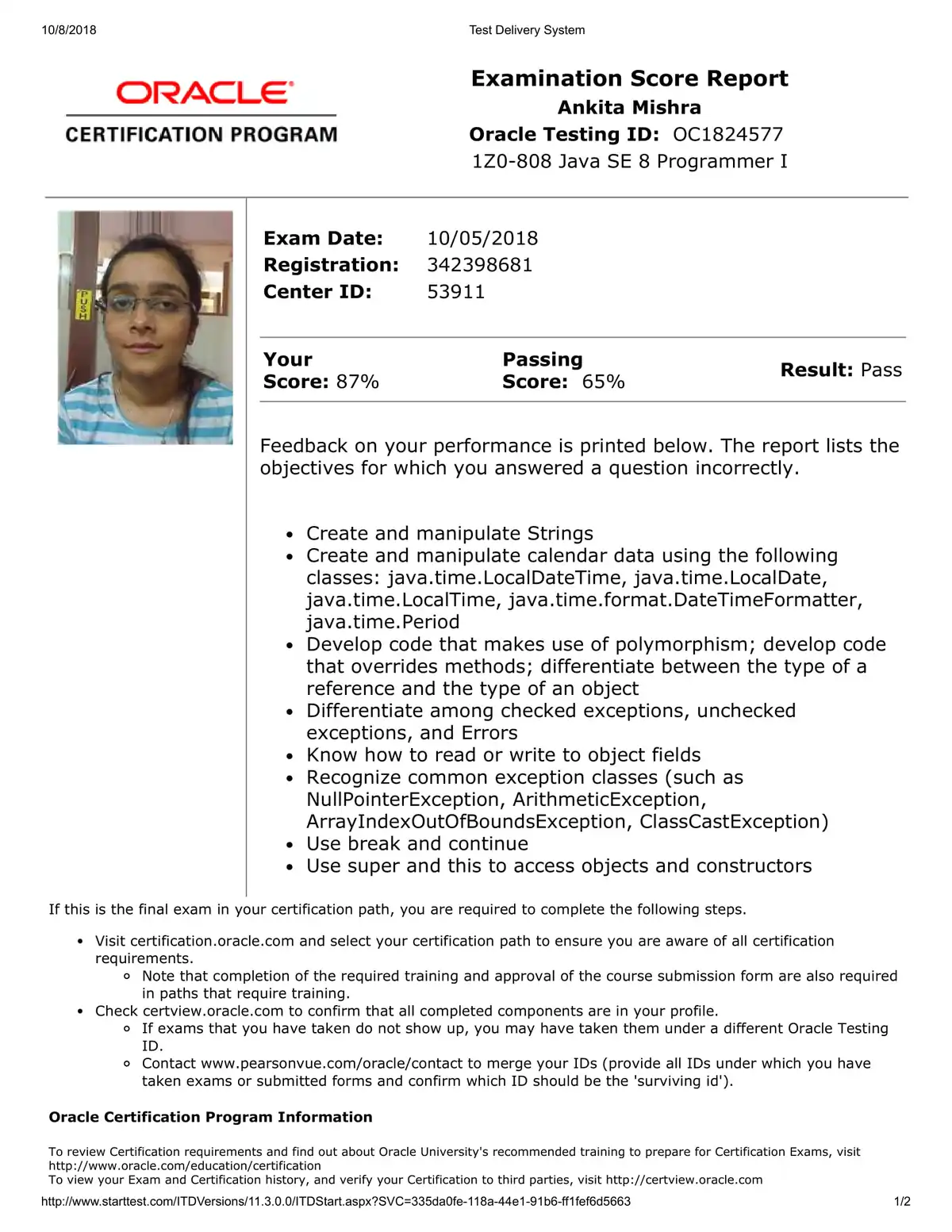 Ankita Mishra Java SE 8 Programmer I 1Z0 808 Scoresheet Unisoft Technologies Nagpur Java Certification Course