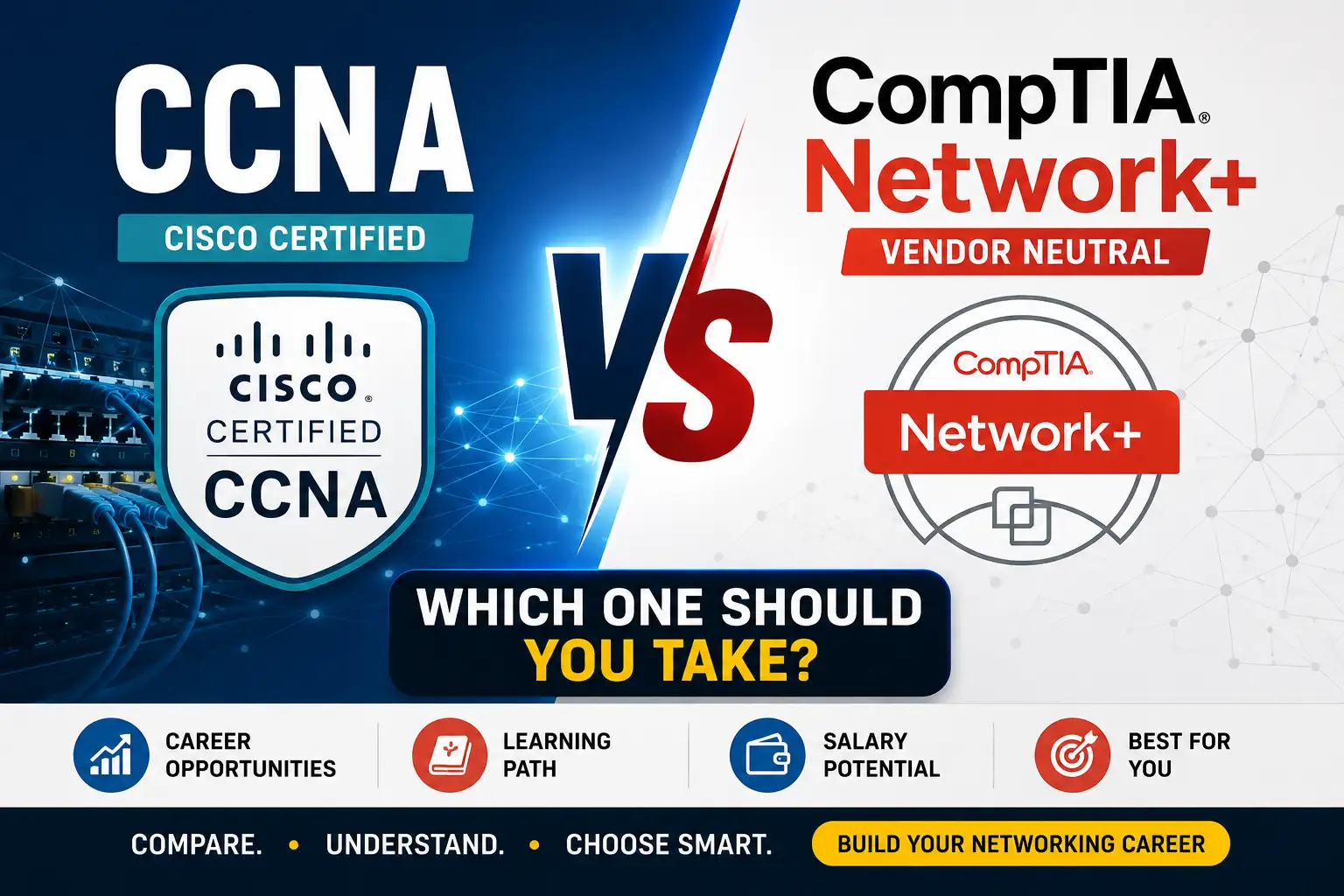CCNA versus CompTIA Network+ — which one should you take? Cisco-certified against vendor-neutral networking certification.