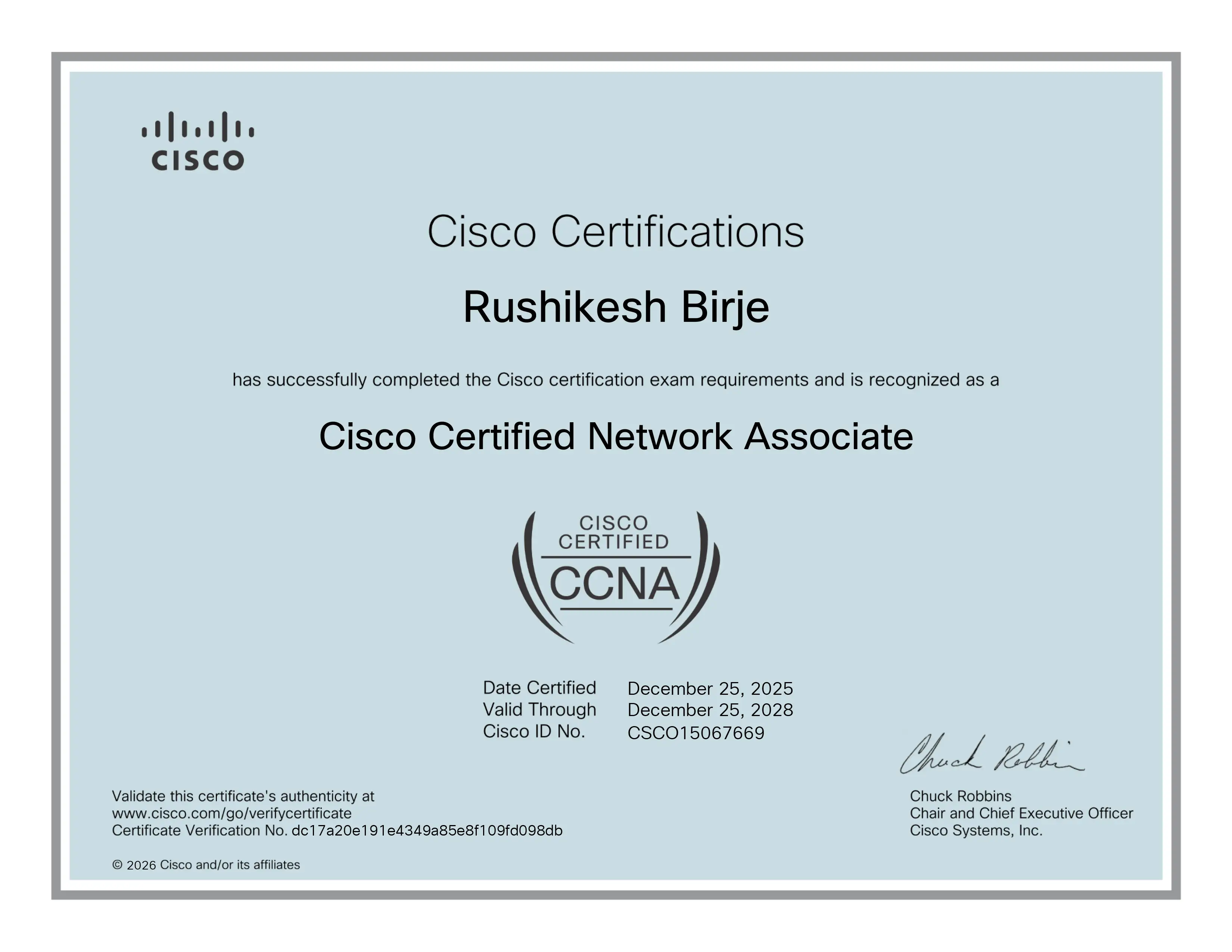 Sample Cisco Certified Network Associate (CCNA 200-301) certificate earned by a Unisoft Technologies student in Nagpur, signed by Cisco CEO Chuck Robbins