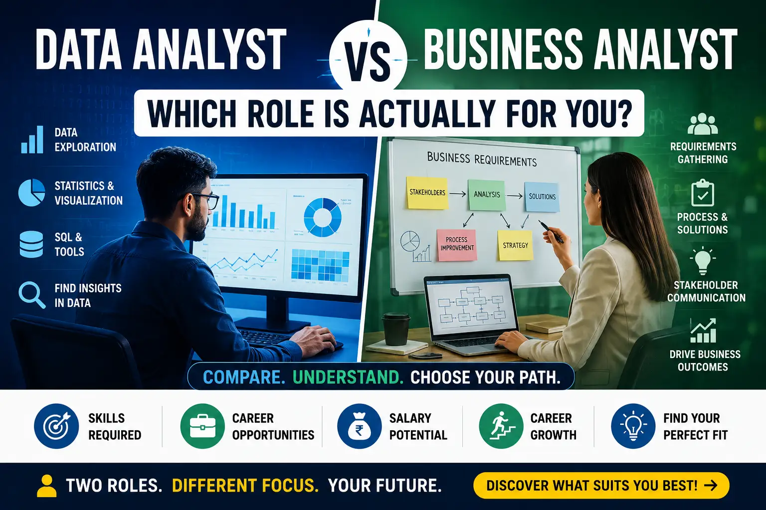Data analyst versus business analyst &mdash; which role is actually for you? Comparison of the two career paths.