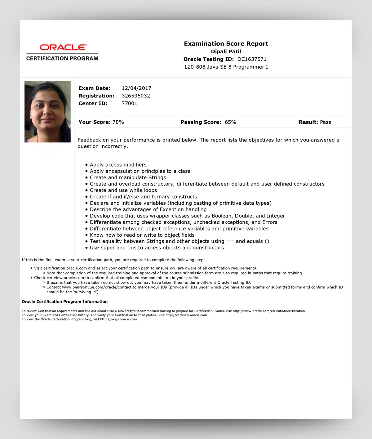 Dipali Patil Java SE 8 Programmer I 1Z0-808 Unisoft Technologies Nagpur Java Certification Course