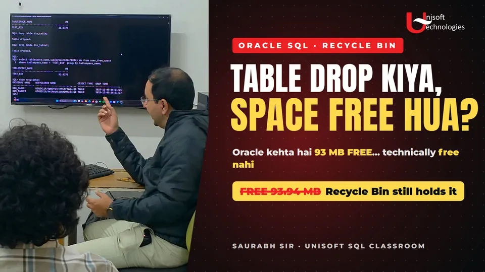 Saurabh Joshi pointing at the classroom screen, which shows the dropped tables in the recycle bin. The thumbnail reads: Oracle SQL, recycle bin; table drop kiya, space free hua? Oracle kehta hai 93 MB free, technically free nahi
