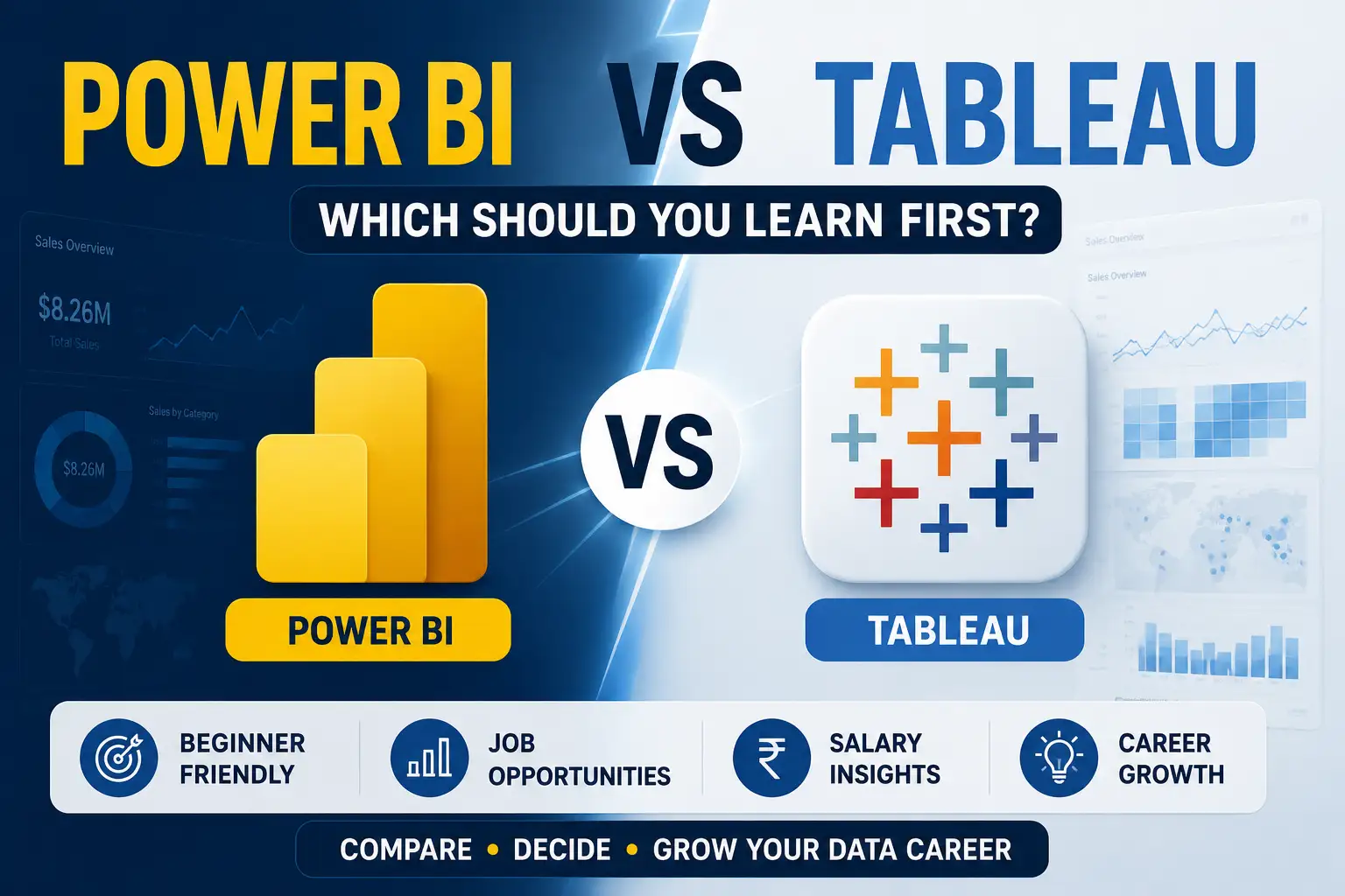 Power BI versus Tableau — which should you learn first? Comparison of the two business intelligence tools.