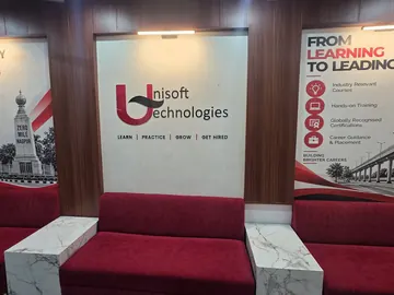 The Unisoft Technologies logo wall: Learn, Practice, Grow, Get hired